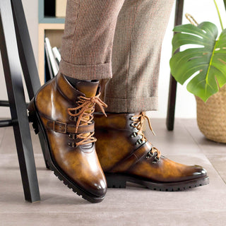 Ambrogio Handmade Tobacco Patina Leather Hiking Boots (AMB2395)-AmbrogioShoes