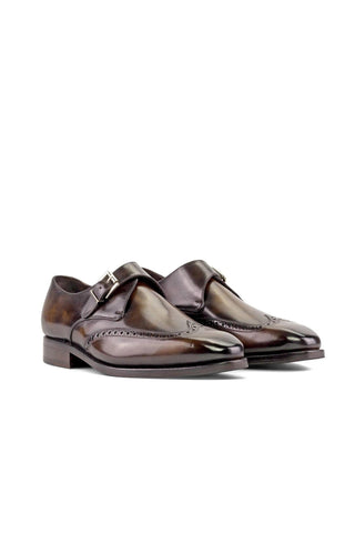 Ambrogio Handmade Tobacco Patina Leather Wingtip Monk-Straps Loafers (AMB2307)-AmbrogioShoes