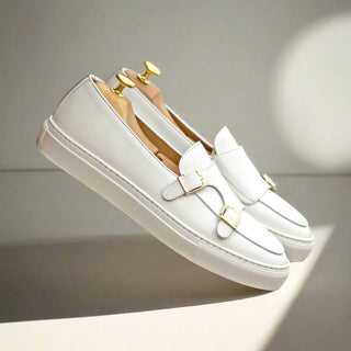 Ambrogio Handmade White Calf-Skin Leather Monk Causal Sneakers (AMB2347)-AmbrogioShoes