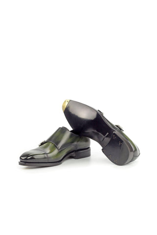 Ambrogio Khaki Green Patina Leather Monk-Straps Loafers (AMB1827)-AmbrogioShoes
