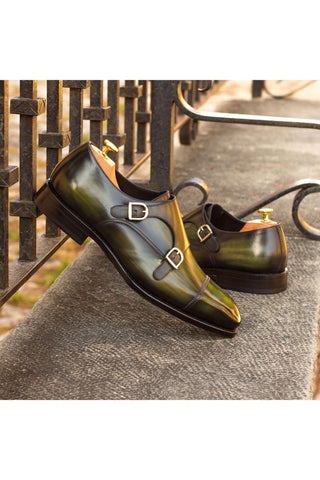 Ambrogio Khaki Green Patina Leather Monk-Straps Loafers (AMB1827)-AmbrogioShoes