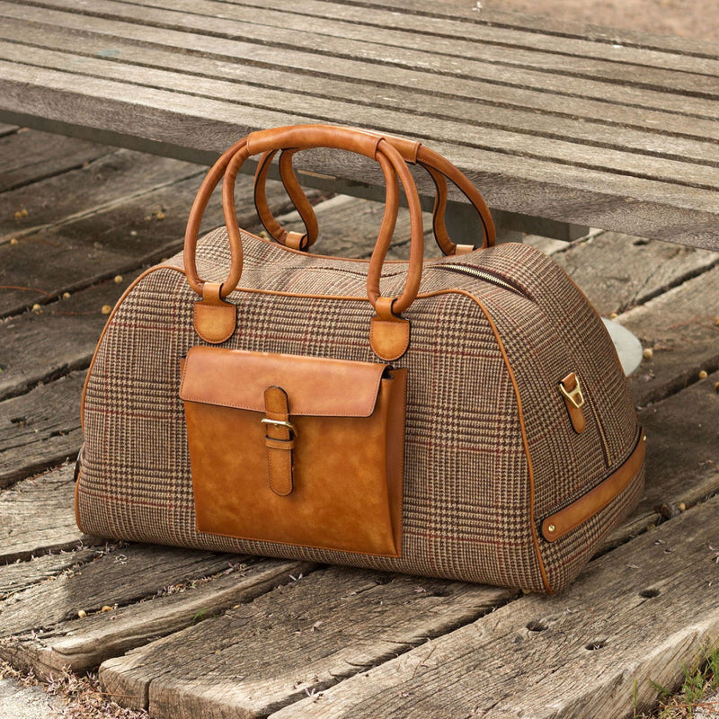 Ambrogio 2863 Men's Bag Beige & Cognac Fabric / Calf-Skin Leather Travel Duffle Bag (AMBH1015)-AmbrogioShoes