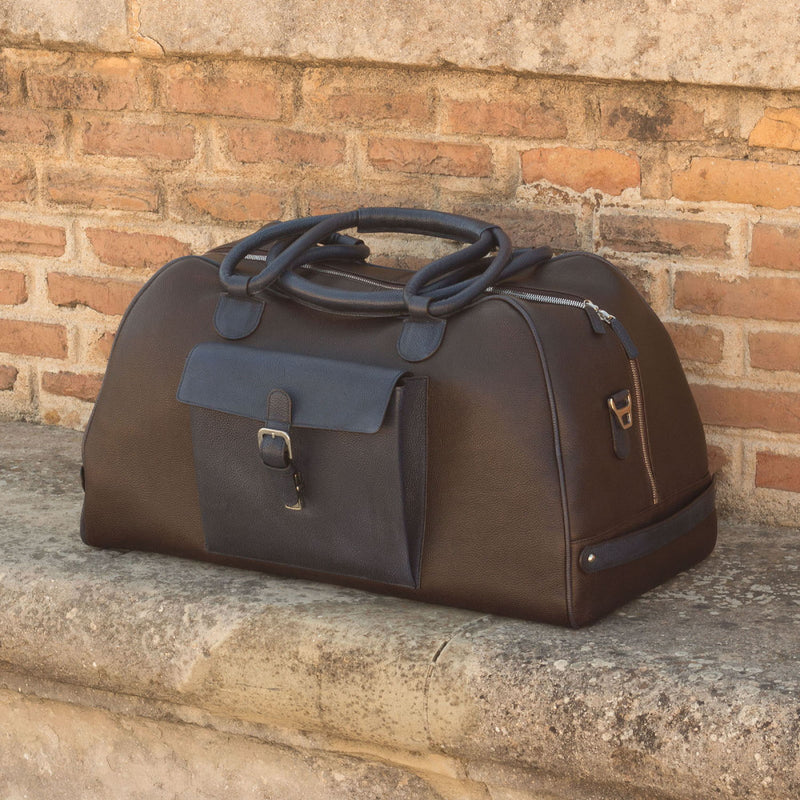 Ambrogio 2841 Men's Bag Brown & Navy Full Grain Leather Travel Duffle Bag (AMBH1010)-AmbrogioShoes