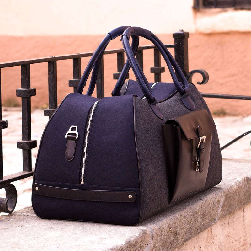 Ambrogio 3605 Men's Bag Gray, Navy & Black Fabric / Full Grain / Calf-Skin Leather Travel Duffle Bag (AMBH1018)-AmbrogioShoes