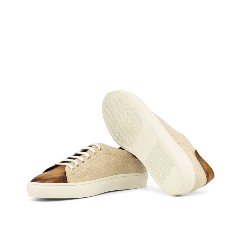 Ambrogio 3822 Men's Shoes Beige & Cognac Linen / Patina Leather Trainer Sneakers (AMB1154)-AmbrogioShoes
