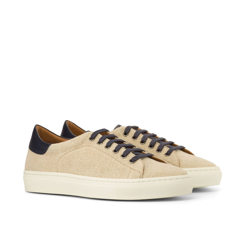 Ambrogio 3824 Men's Shoes Beige & Navy Linen / Calf-Skin Leather Casual Trainer Sneakers (AMB1092)-AmbrogioShoes