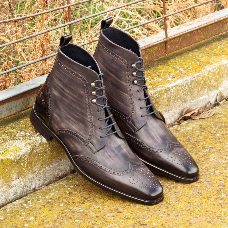 Ambrogio 2615 Men's Shoes Black & Gray Patent / Patina Leather Military Brogue Boots (AMB1094)-AmbrogioShoes
