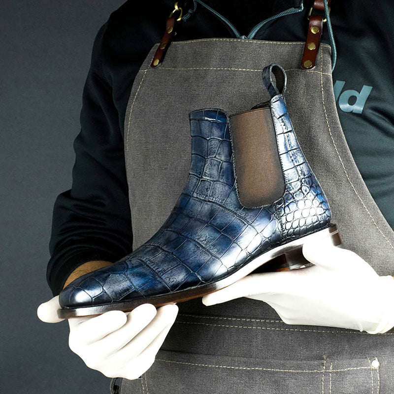 Ambrogio Men's Shoes Blue Crocodile Print / Dakar Patina Leather Chelsea Boots (AMB1638)-AmbrogioShoes