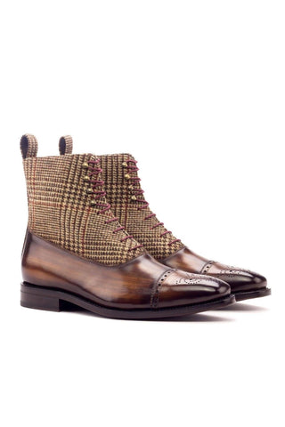 Ambrogio Men's Handmade Custom Made Shoes Brown & Beige Tweed Sartorial / Patina Leather Balmoral Boots(AMB1138)-AmbrogioShoes