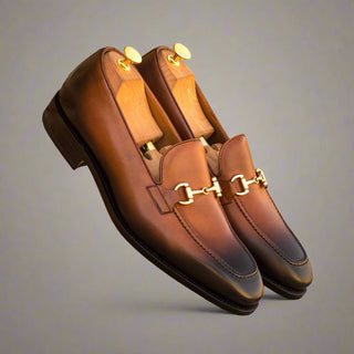 Ambrogio Men's Handmade Custom Made Shoes Brown Burnished Calf-Skin Leather Horsebit Loafers (AMB1066)-AmbrogioShoes