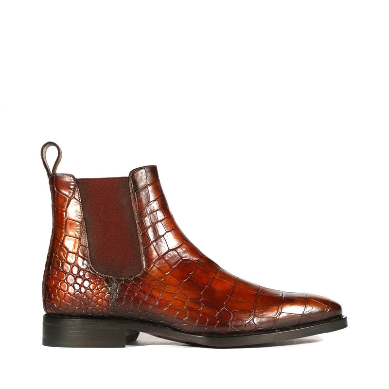 Ambrogio Men's Handmade Custom Made Shoes Brown Crocodile Print / Nairodi Patina Leather Chelsea Boots (AMB1637)-AmbrogioShoes