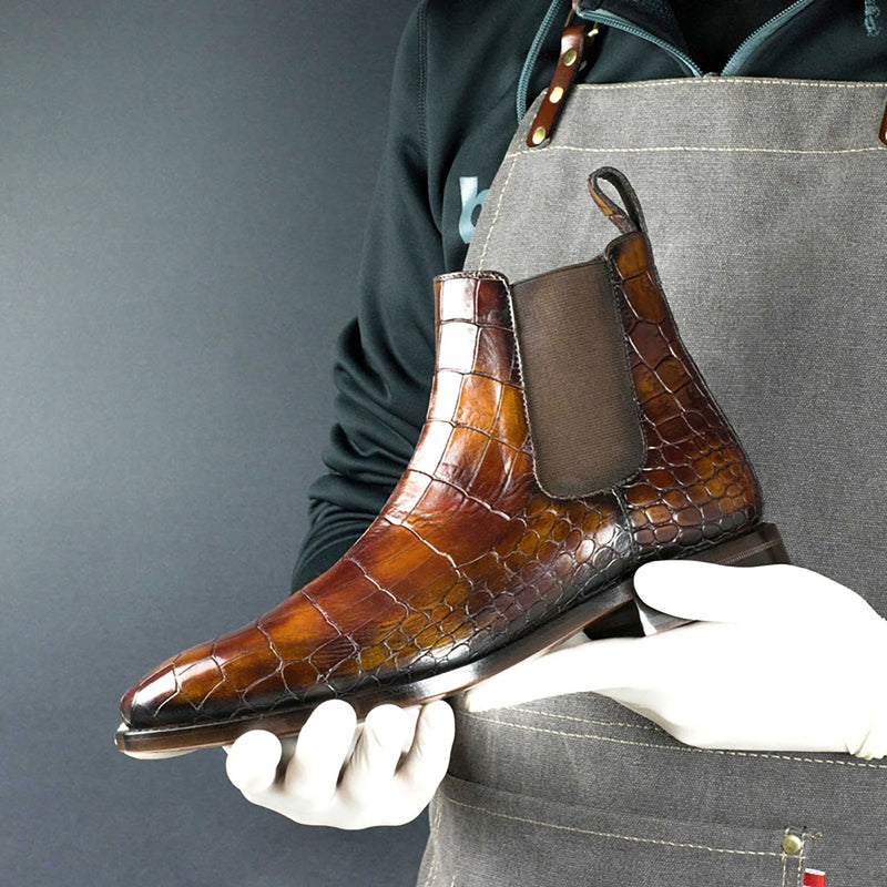 Ambrogio Men's Shoes Brown Crocodile Print / Nairodi Patina Leather Chelsea Boots (AMB1637)-AmbrogioShoes