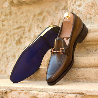 Ambrogio Men's Handmade Custom Made Shoes Brown Patina Leather Horsebit Loafers (AMB1189)-AmbrogioShoes