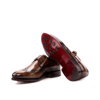 Ambrogio 3527 Men's Shoes Brown Patina Leather Monk-Straps Loafers (AMB1057)-AmbrogioShoes