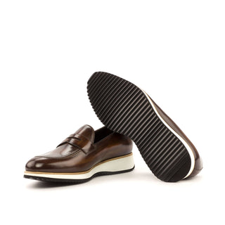 Ambrogio Men's Handmade Custom Made Shoes Brown Patina Leather Penny Loafers (AMB1210)-AmbrogioShoes