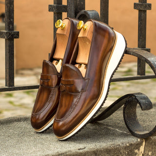 Ambrogio Men's Handmade Custom Made Shoes Brown Patina Leather Penny Loafers (AMB1210)-AmbrogioShoes
