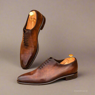 Ambrogio Men's Handmade Custom Made Shoes Brown Patina Leather Plain Oxfords (AMB1090)-AmbrogioShoes
