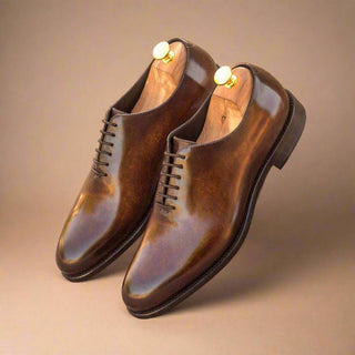 Ambrogio Men's Handmade Custom Made Shoes Brown Patina Leather Whole-Cut Plain Oxfords (AMB1136)-AmbrogioShoes