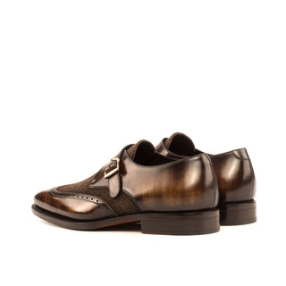 Ambrogio 4146 Men's Shoes Brown Texture Print / Patina Leather Monk-Straps Loafers (AMB1063)-AmbrogioShoes