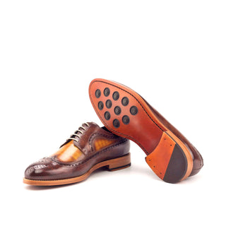 Ambrogio Men's Handmade Custom Made Shoes Cognac & Brown Patina Leather Longwing Blucher Oxfords (AMB1088)-AmbrogioShoes