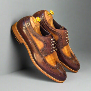 Ambrogio Men's Handmade Custom Made Shoes Cognac & Brown Patina Leather Longwing Blucher Oxfords (AMB1088)-AmbrogioShoes