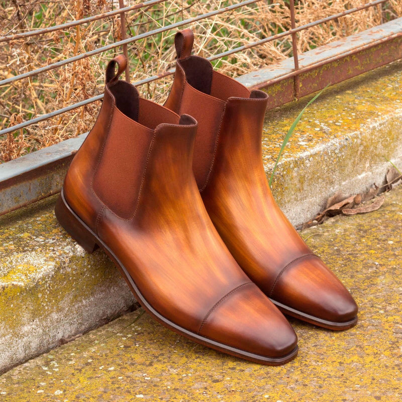 Ambrogio 2614 Men's Shoes Cognac Crust Patina Leather Cap-Toe Chelsea Boots (AMB1031)-AmbrogioShoes