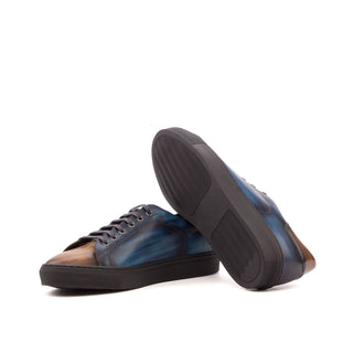Ambrogio 3577 Men's Shoes Cognac & Denim Blue Patina Leather Trainers Sneakers (AMB1130)-AmbrogioShoes