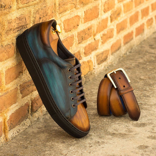 Ambrogio 3577 Men's Shoes Cognac & Denim Blue Patina Leather Trainers Sneakers (AMB1130)-AmbrogioShoes