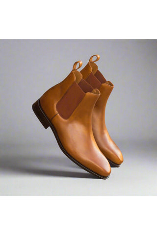 Ambrogio Men's Handmade Custom Made Shoes Cognac Leather Chelsea Boots (AMB1020)-AmbrogioShoes