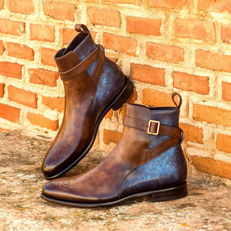 Ambrogio 3080 Men's Shoes Denim Blue & Brown Patina Leather Jodhpur Boots (AMB1144)-AmbrogioShoes