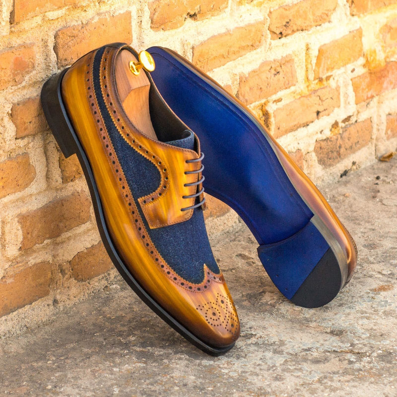 Ambrogio 3614 Men's Shoes Denim Blue & Cognac Jean Satorial / Patina Leather Longwing Blucher Oxfords (AMB1203)-AmbrogioShoes