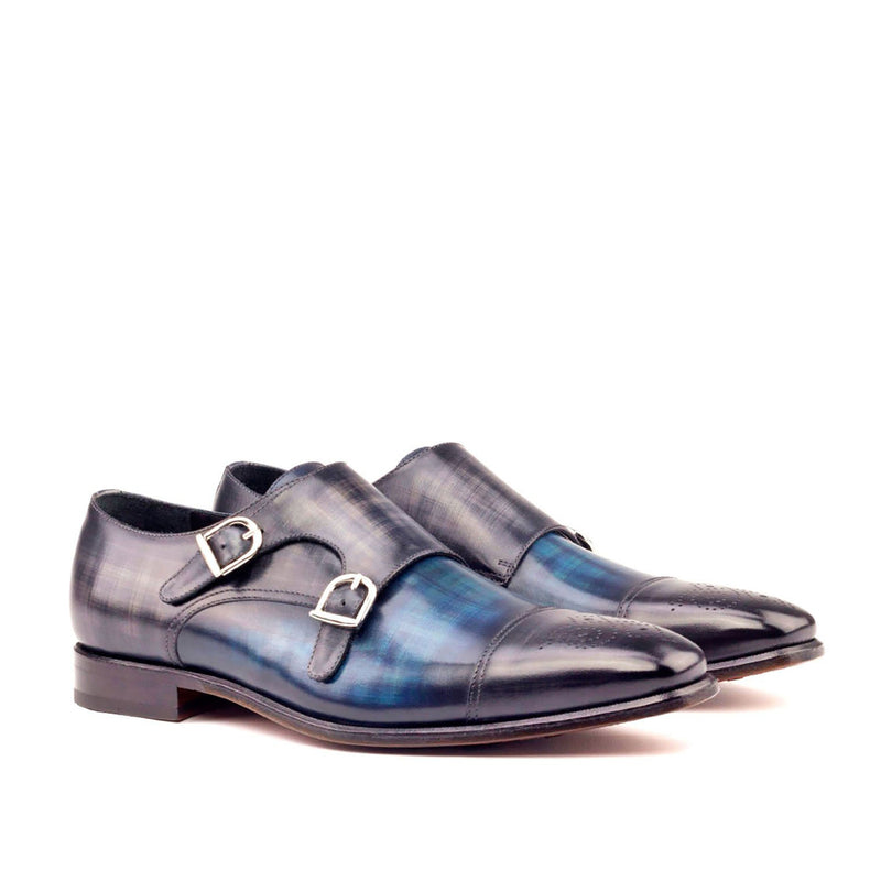 Ambrogio 2653 Men's Shoes Denim Blue & Gray Patina Leather Monk-Straps Loafers (AMB1145)-AmbrogioShoes