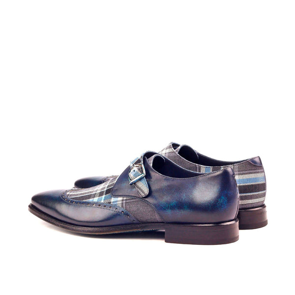 Ambrogio 2567 Men's Shoes Denim Blue Plaid Satorial / Patina Leather Monk-Strap Loafers (AMB1187)-AmbrogioShoes