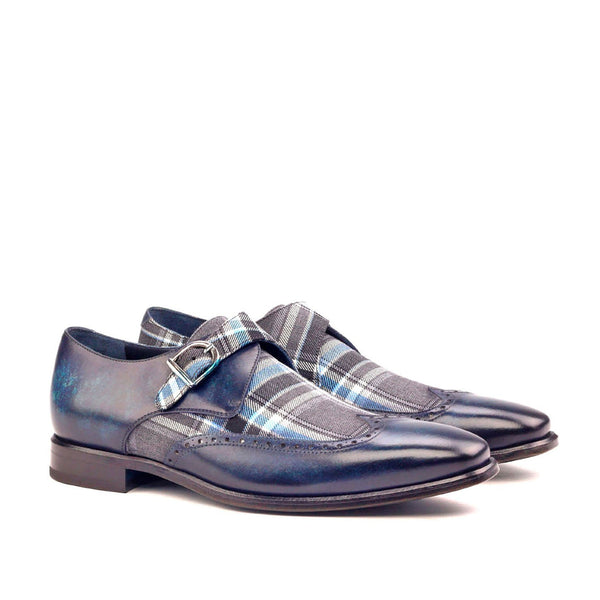 Ambrogio 2567 Men's Shoes Denim Blue Plaid Satorial / Patina Leather Monk-Strap Loafers (AMB1187)-AmbrogioShoes