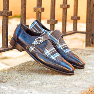Ambrogio 3251 Men's Shoes Denim Blue Texture Print / Patina Leather Monk-Straps Loafers (AMB1065)-AmbrogioShoes