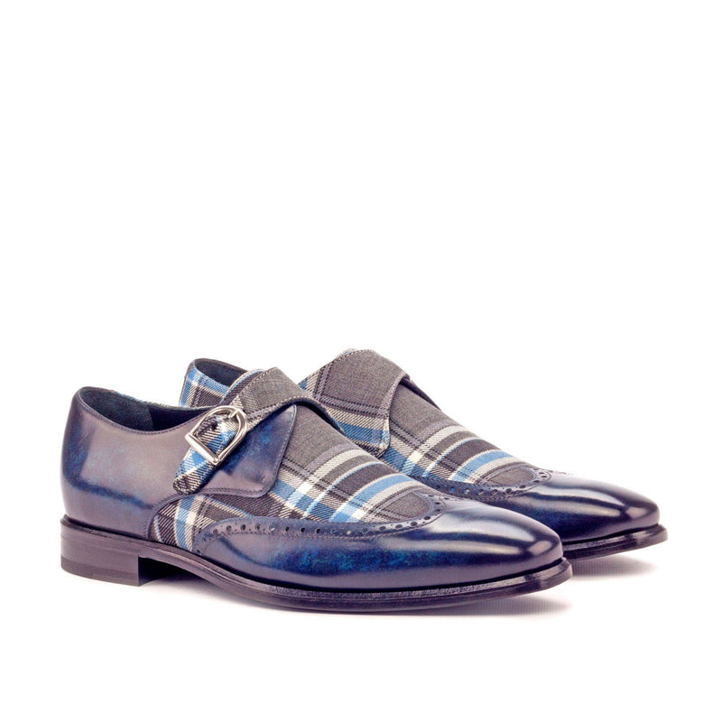Ambrogio 3251 Men's Shoes Denim Blue Texture Print / Patina Leather Monk-Straps Loafers (AMB1065)-AmbrogioShoes