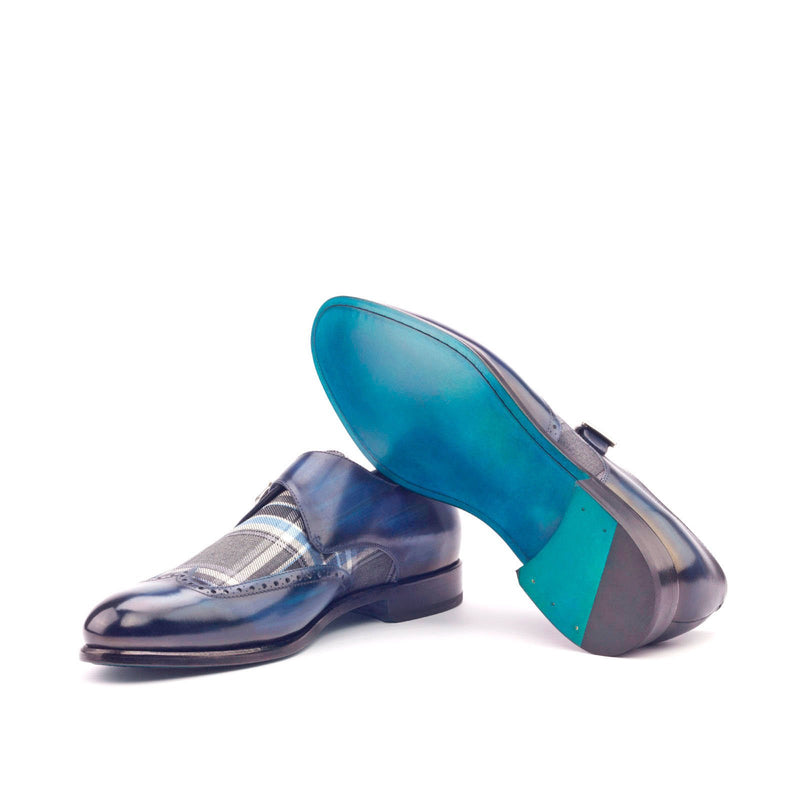 Ambrogio 3006 Men's Shoes Denim Plaid Sartorial / Patina Leather Monk-Straps Loafers (AMB1060)-AmbrogioShoes