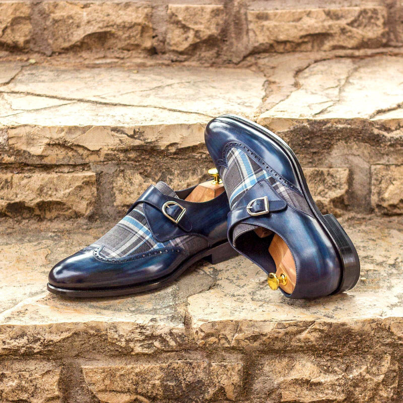 Ambrogio 3006 Men's Shoes Denim Plaid Sartorial / Patina Leather Monk-Straps Loafers (AMB1060)-AmbrogioShoes
