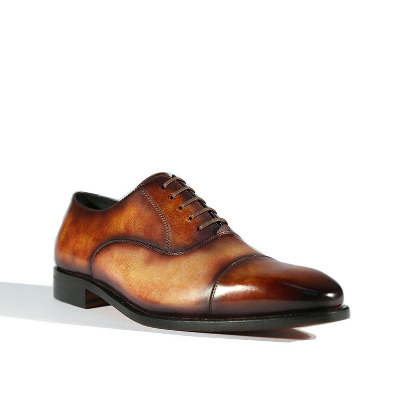 Ambrogio Men's Handmade Custom Made Shoes Fire Orange & Cream Patina Leather Cap-Toe Oxfords (AMB1651)-AmbrogioShoes