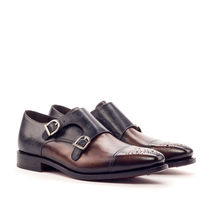 Ambrogio 3413 Men's Shoes Gray & Brown Patina Leather Monk-Straps Loafers (AMB1192)-AmbrogioShoes