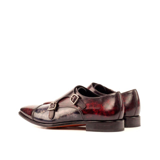 Ambrogio Men's Handmade Custom Made Shoes Gray & Burugndy Patina Leather Monk-Straps Loafers(AMB1139)-AmbrogioShoes