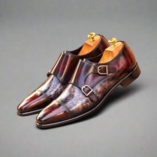Ambrogio Men's Handmade Custom Made Shoes Gray & Burugndy Patina Leather Monk-Straps Loafers(AMB1139)-AmbrogioShoes