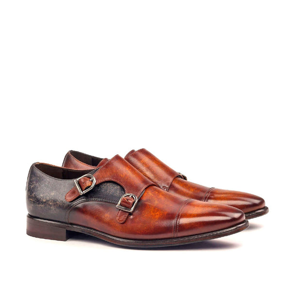 Ambrogio 2493 Men's Shoes Gray & Cognac Patina Leather Monk-Straps Loafers (AMB1190)-AmbrogioShoes