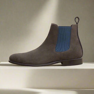 Ambrogio Men's Handmade Custom Made Shoes Gray & Navy Lux Suede Chelsea Boots (AMB1042)-AmbrogioShoes