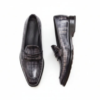 Ambrogio Men's Handmade Custom Made Shoes Gray Patina Leather Penny Loafers (AMB1174)-AmbrogioShoes