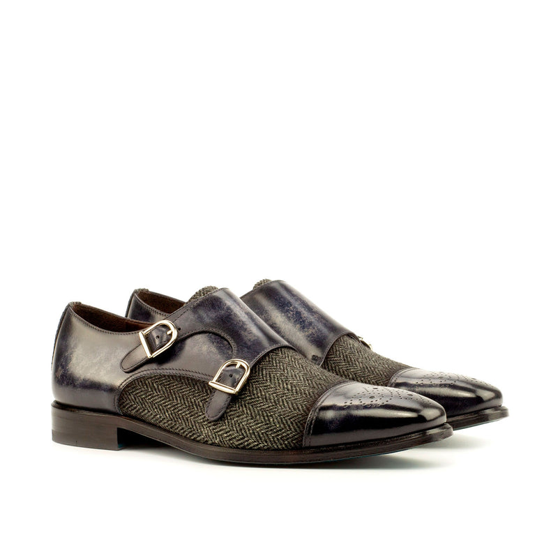 Ambrogio 4158 Men's Shoes Gray Texture Print / Patina Leather Monk-Straps Loafers (AMB1177)-AmbrogioShoes