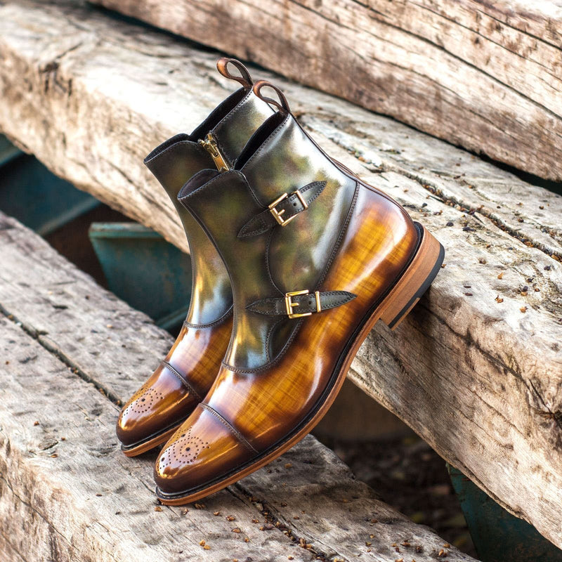 Ambrogio 3887 Men's Shoes Green & Cognac Patina Leather Octavian Buckle Boots (AMB1181)-AmbrogioShoes