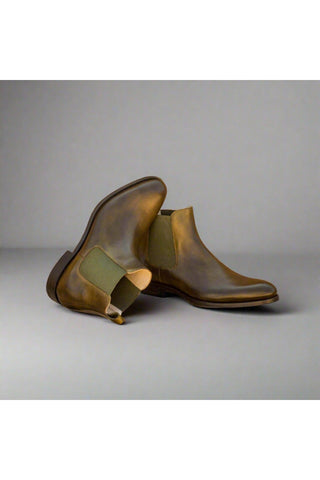 Ambrogio Men's Handmade Custom Made Shoes Green Olive Leather Chelsea Boots (AMB1023)-AmbrogioShoes