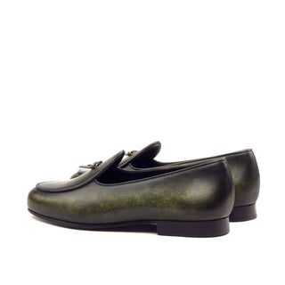 Ambrogio Men's Handmade Custom Made Shoes Khaki Green Patina Leather Belgian Slipper Loafers (AMB1178)-AmbrogioShoes