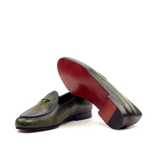Ambrogio Men's Handmade Custom Made Shoes Khaki Green Patina Leather Belgian Slipper Loafers (AMB1178)-AmbrogioShoes
